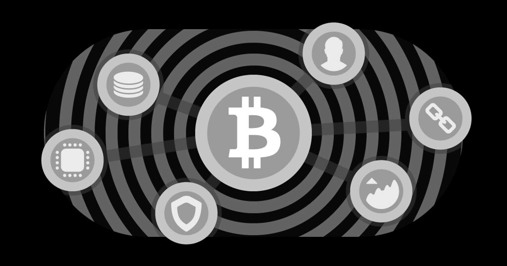 Illustration of a Bitcoin symbol surrounded by network icons on concentric rings