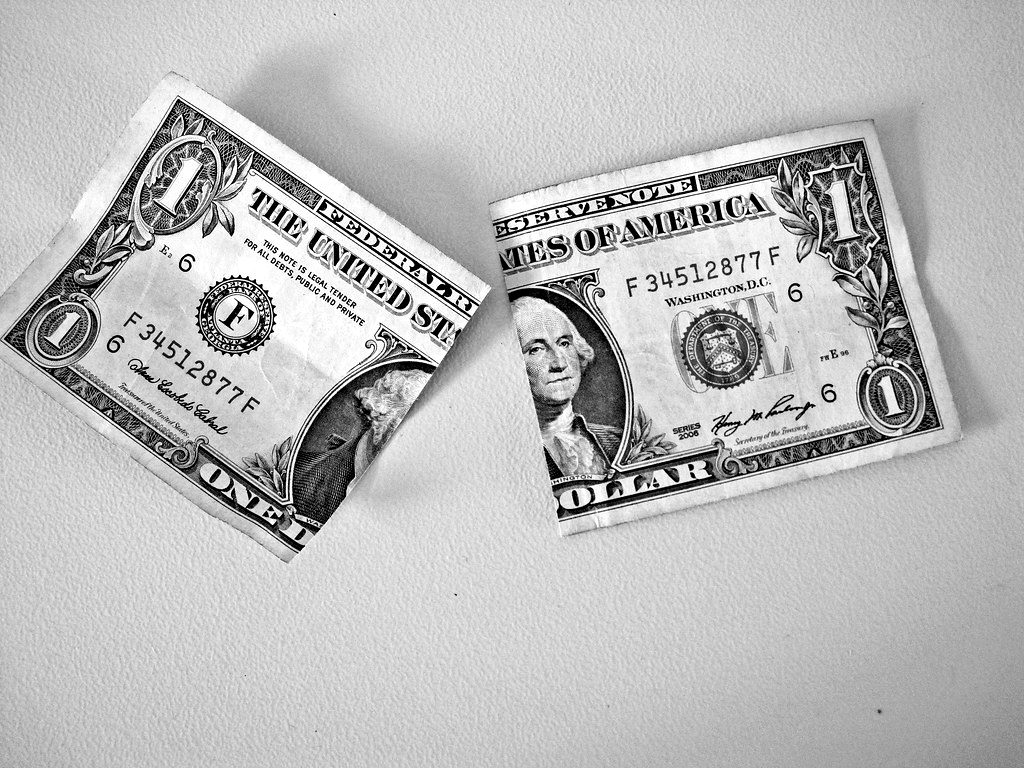 A dollar bill cut into two halves