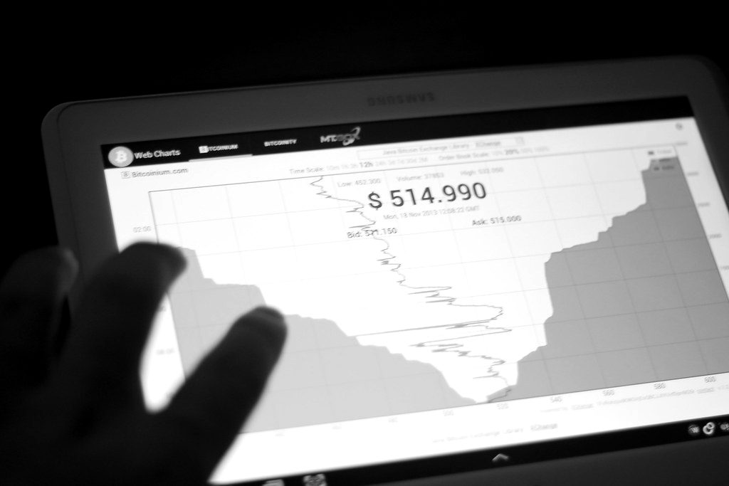 A finger on a tablet showing a bitcoin exchange order-book chart