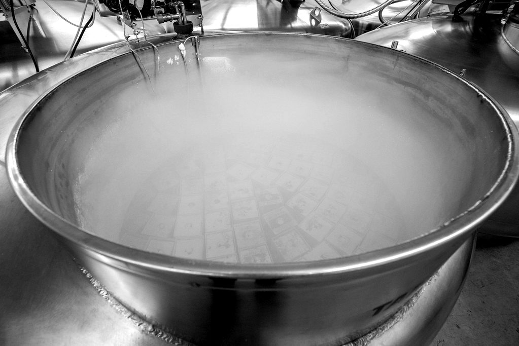 A steel vessel filled with frosty liquid-nitrogen vapour