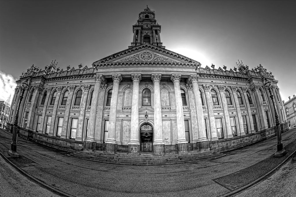 The neoclassical facade of a historic bank building