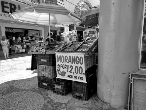 A fruit stall price sign in Brazil noting that Pix payments are accepted