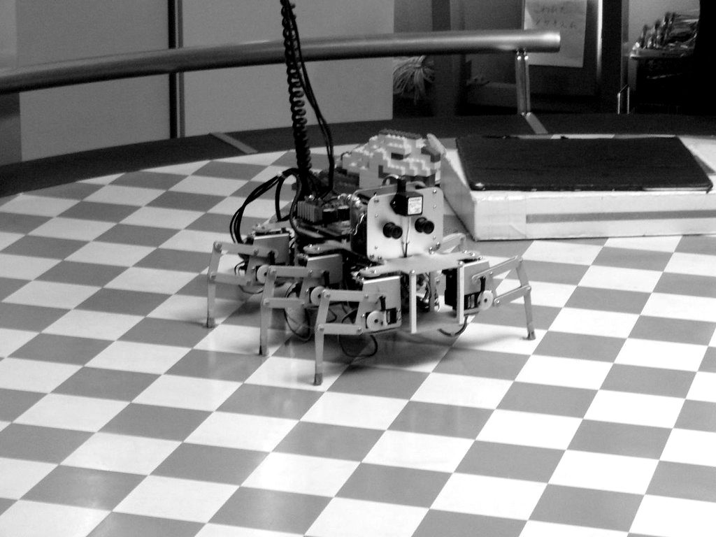A small wheeled robot on a chequered floor