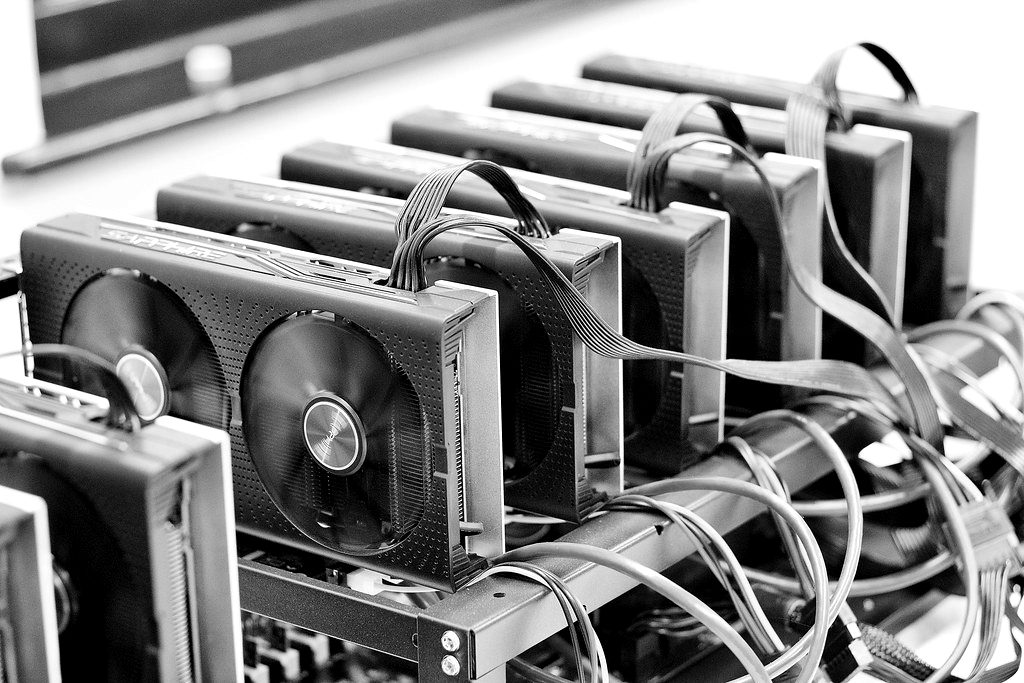 Graphics cards mounted on an open mining frame