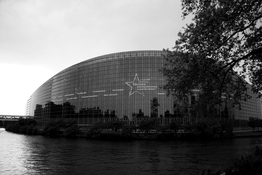 The European Parliament building in Strasbourg at dusk