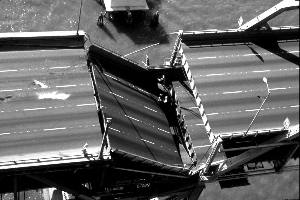 Aerial view of the collapsed section of the San Francisco–Oakland Bay Bridge deck