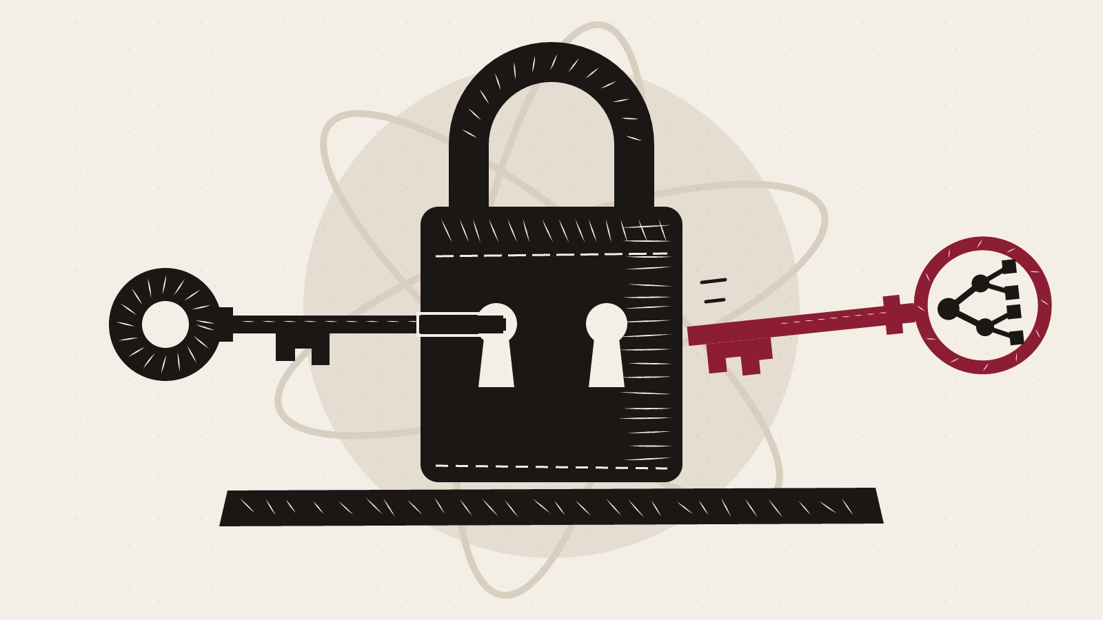 Linocut padlock with two keyholes; an old black key sits in one while a burgundy key with a tree-shaped bow moves toward the other.