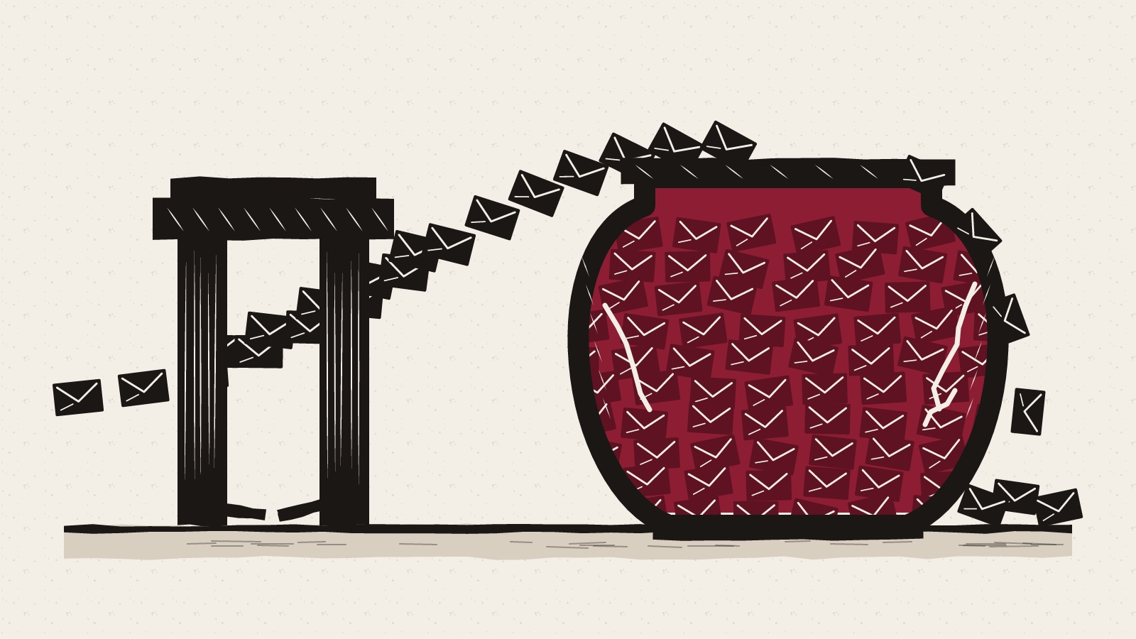 Linocut of envelopes streaming through a stone gate with a broken bar into a cracked jar filled with burgundy, overflowing onto the ground