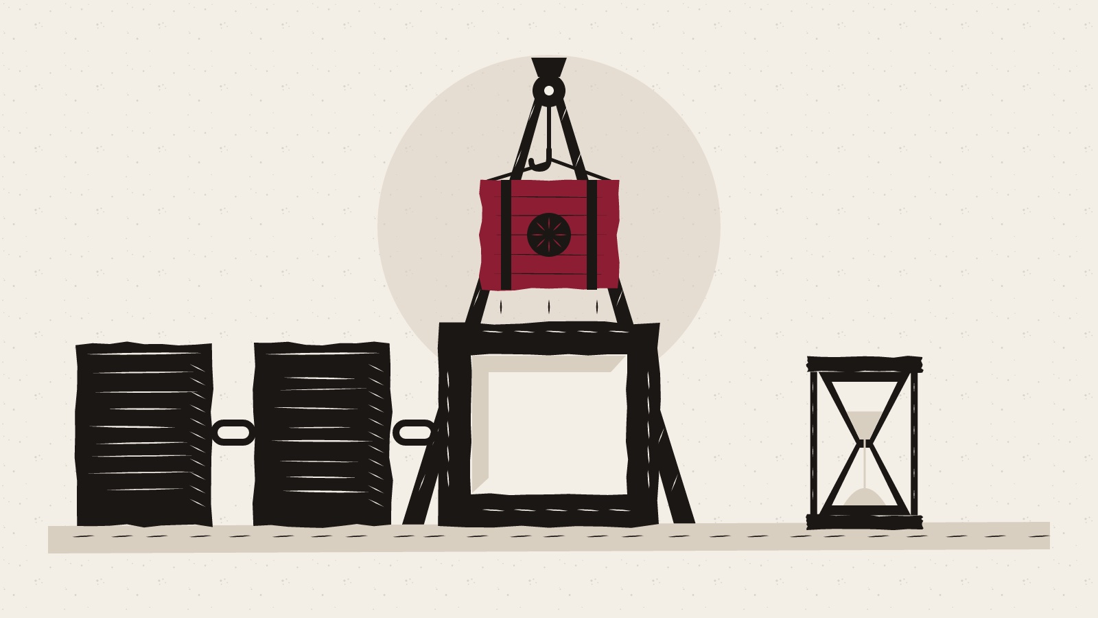 Linocut of a crane lowering a sealed red crate into an empty stone block frame in a chain of blocks, an hourglass standing beside it