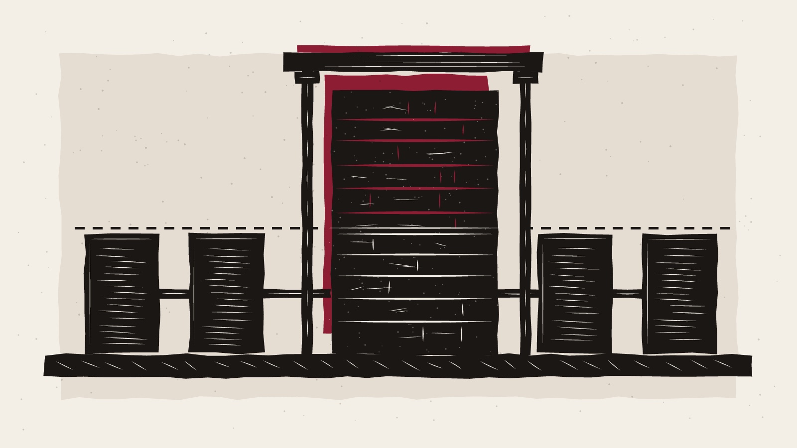Linocut print of chained stone blocks; one tall block packed with tiles rises past a dashed old ceiling line to a raised beam held by scaffolding.