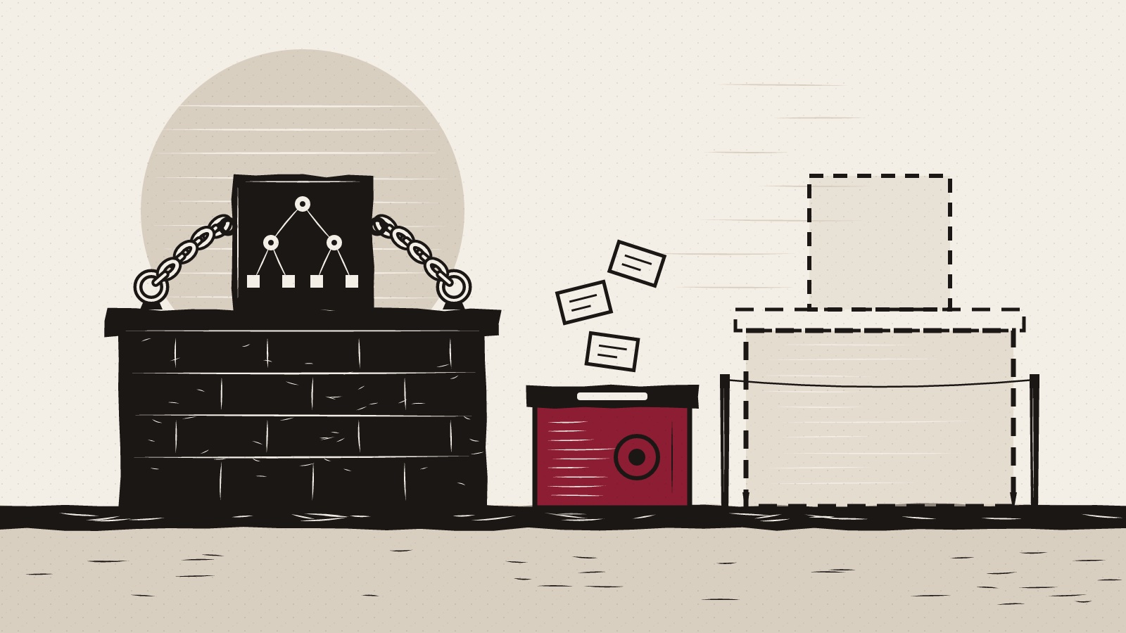 Linocut of a block chained to a stone pedestal, a dashed outline of a second pedestal on a surveyed plot, and a burgundy ballot box with slips.