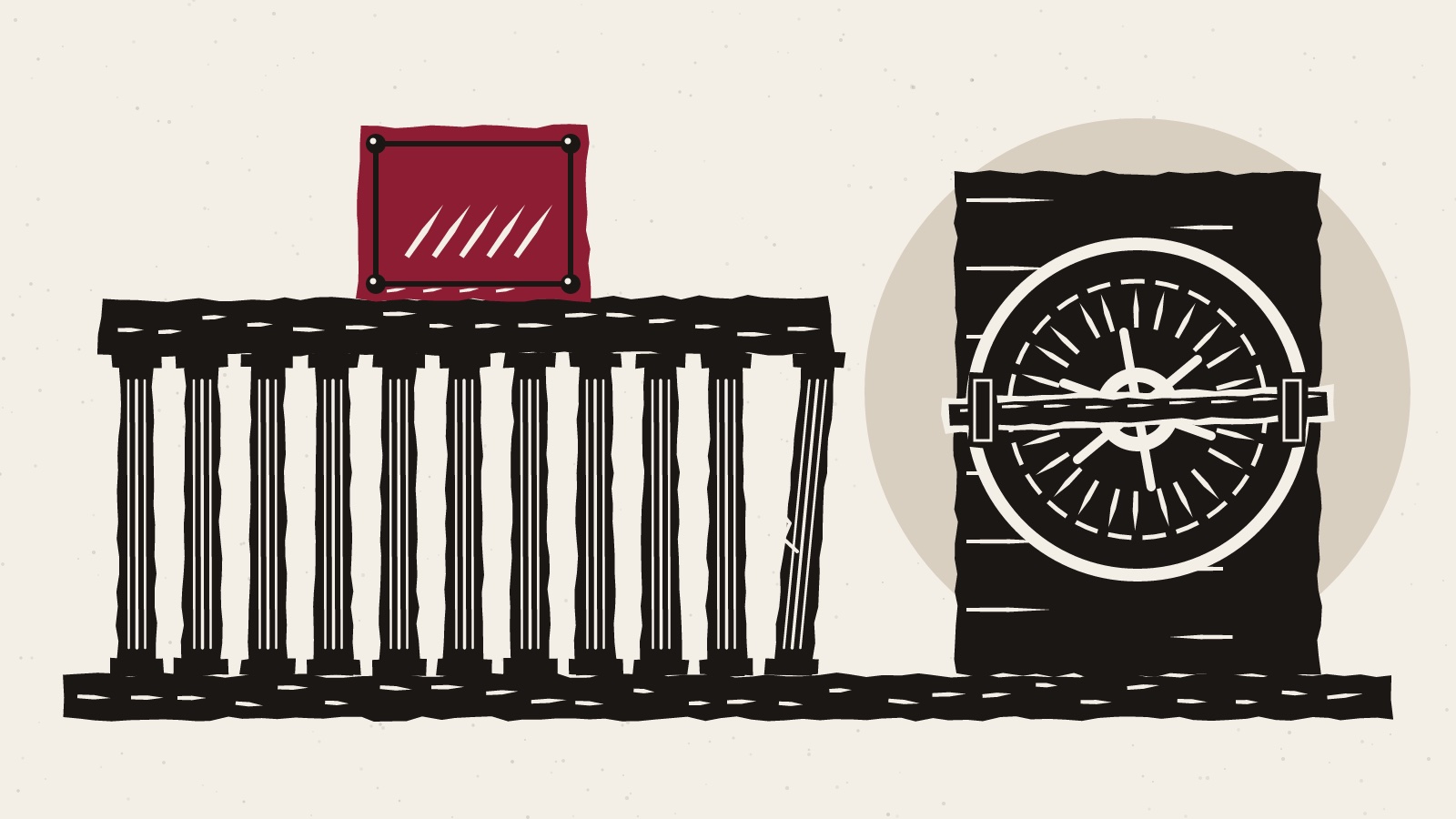Linocut of a burgundy patch block on a stone slab held by a row of columns, one leaning, beside a round vault door barred shut.